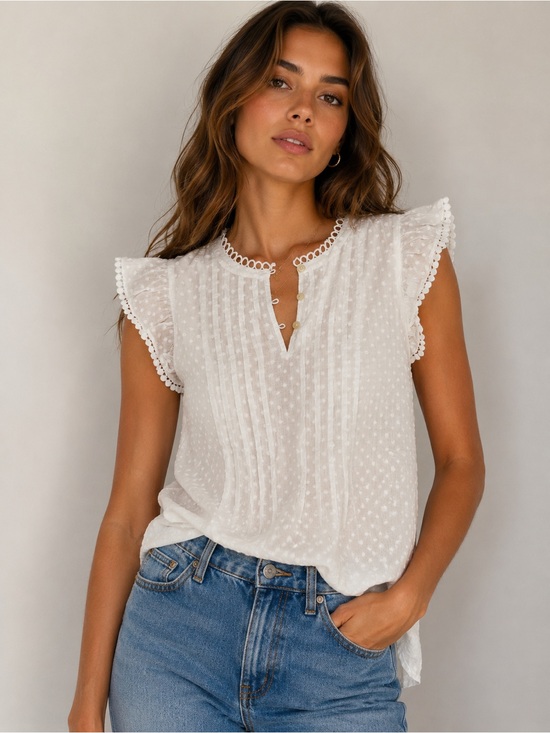 LOFT Tops - LOFT White Swiss Dot Ruffle Blouse Size Small Cottagecore Top